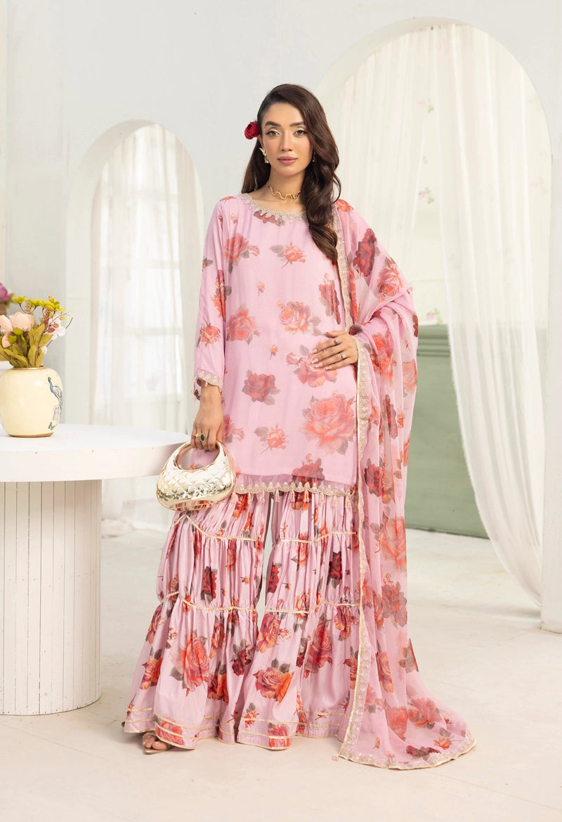 Baroque Inspired Mummy & Me Ladies Chiffon 3 Piece Gharara Wedding Outfit Pink - Desi Posh