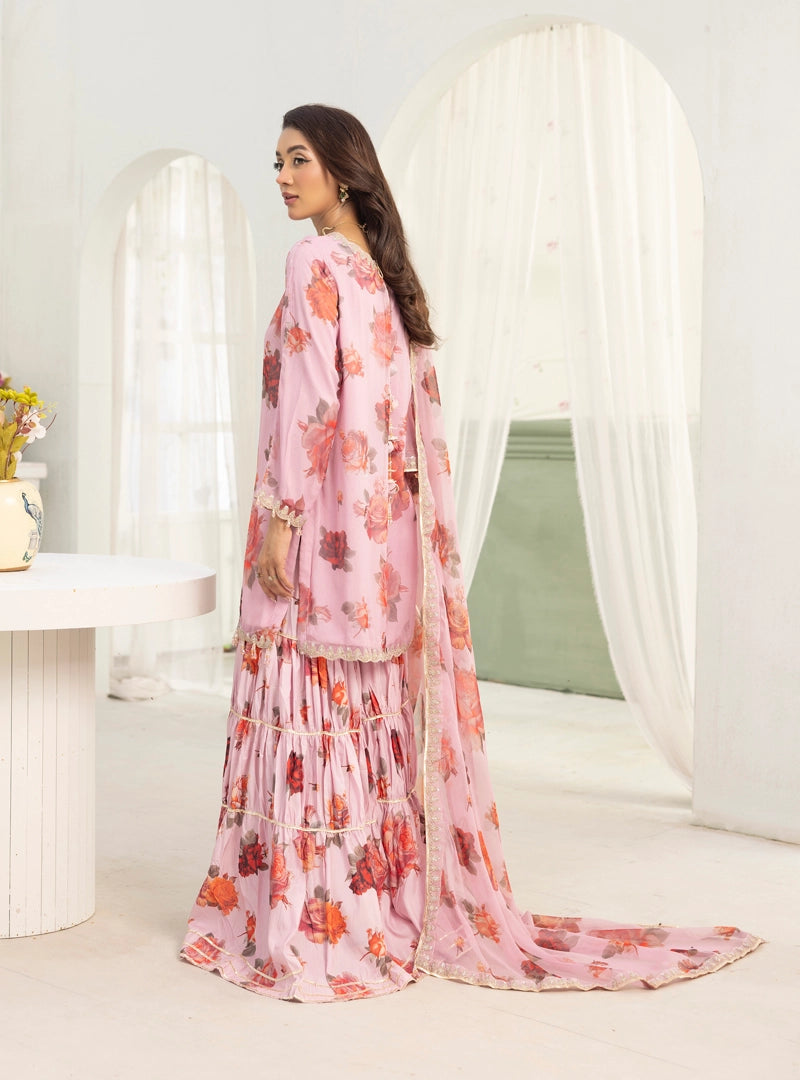 Baroque Inspired Mummy & Me Ladies Chiffon 3 Piece Gharara Wedding Outfit Pink - Desi Posh