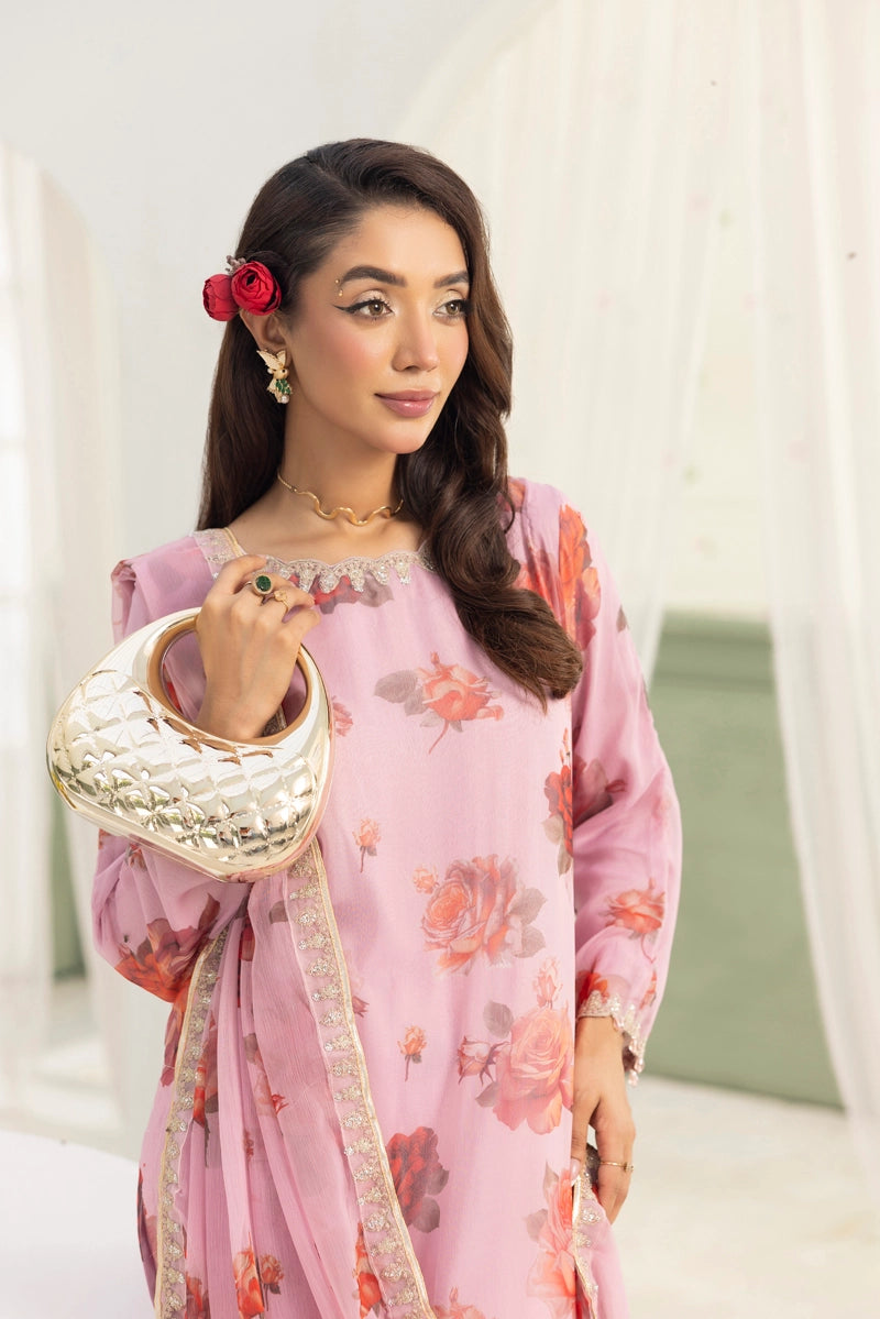 Baroque Inspired Mummy & Me Ladies Chiffon 3 Piece Gharara Wedding Outfit Pink - Desi Posh
