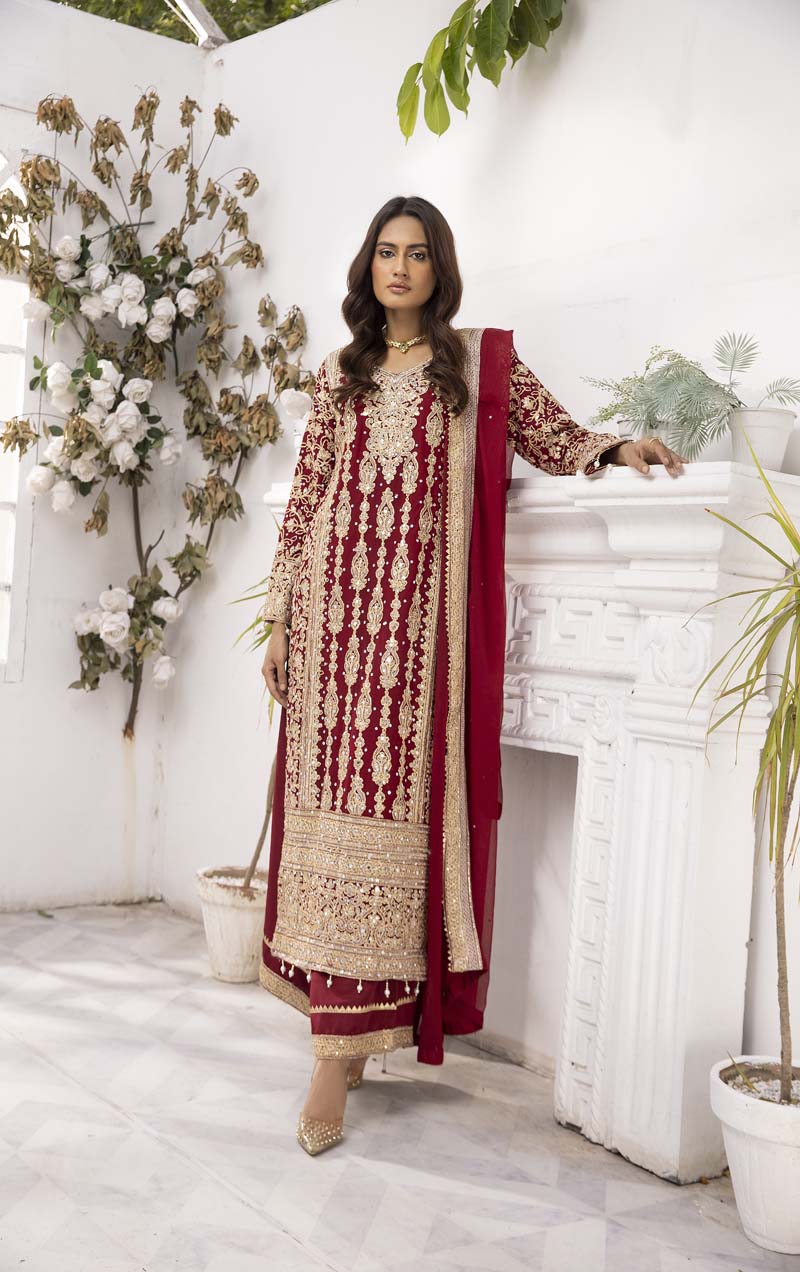 Haris Shakeel Inspired Fully Embroidered Maroon 3 Piece Palazzo Outfit - Desi Posh