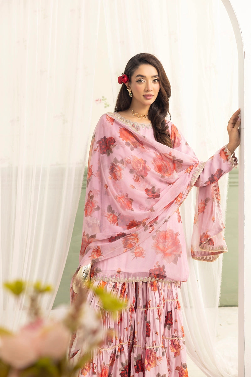 Baroque Inspired Mummy & Me Ladies Chiffon 3 Piece Gharara Wedding Outfit Pink - Desi Posh