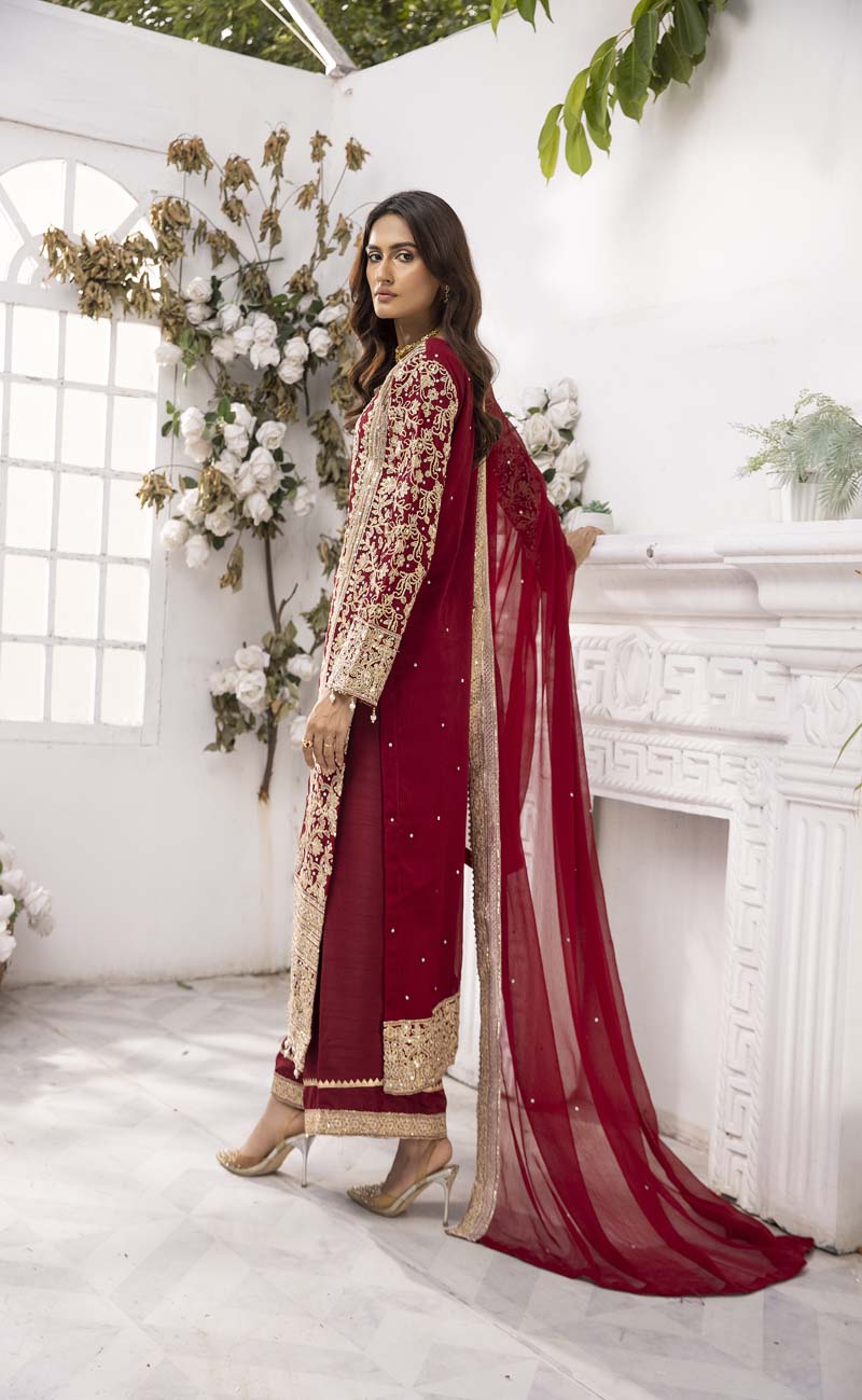 Haris Shakeel Inspired Fully Embroidered Maroon 3 Piece Palazzo Outfit - Desi Posh