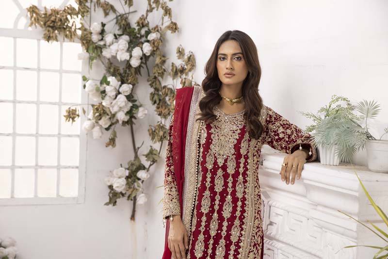 Haris Shakeel Inspired Fully Embroidered Maroon 3 Piece Palazzo Outfit - Desi Posh