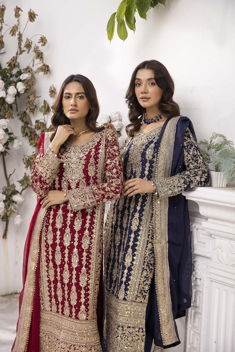 Haris Shakeel Inspired Fully Embroidered Navy Blue 3 Piece Palazzo Outfit - Desi Posh