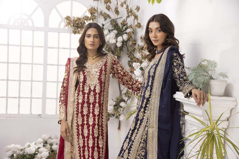 Haris Shakeel Inspired Fully Embroidered Navy Blue 3 Piece Palazzo Outfit - Desi Posh