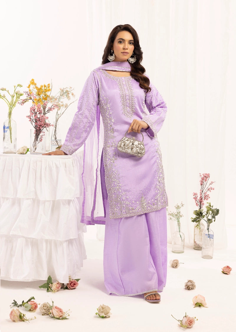 Ivana Mummy & Me Ladies Raw Silk 3 Piece Sharara Wedding Outfit Lilac - Desi Posh