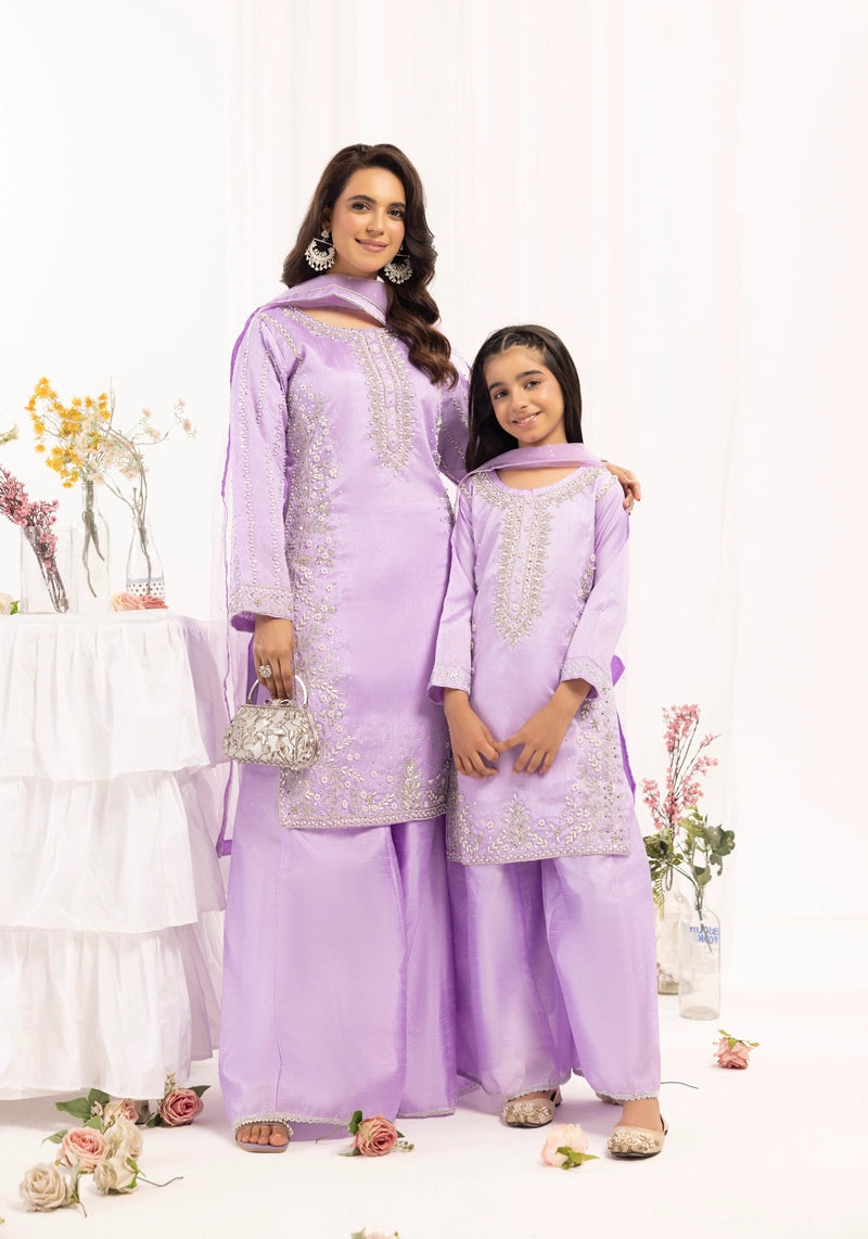 Ivana Mummy & Me Girls Raw Silk 3 Piece Sharara Wedding Outfit Lilac