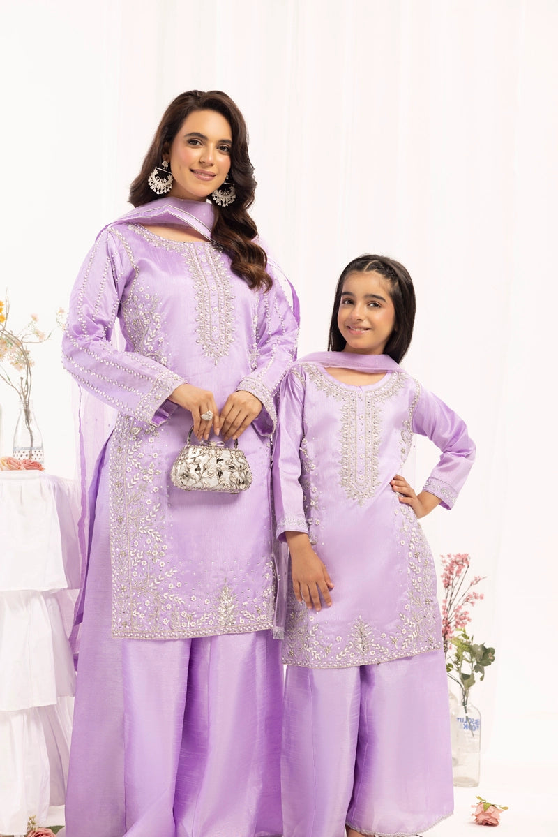 Ivana Mummy & Me Girls Raw Silk 3 Piece Sharara Wedding Outfit Lilac