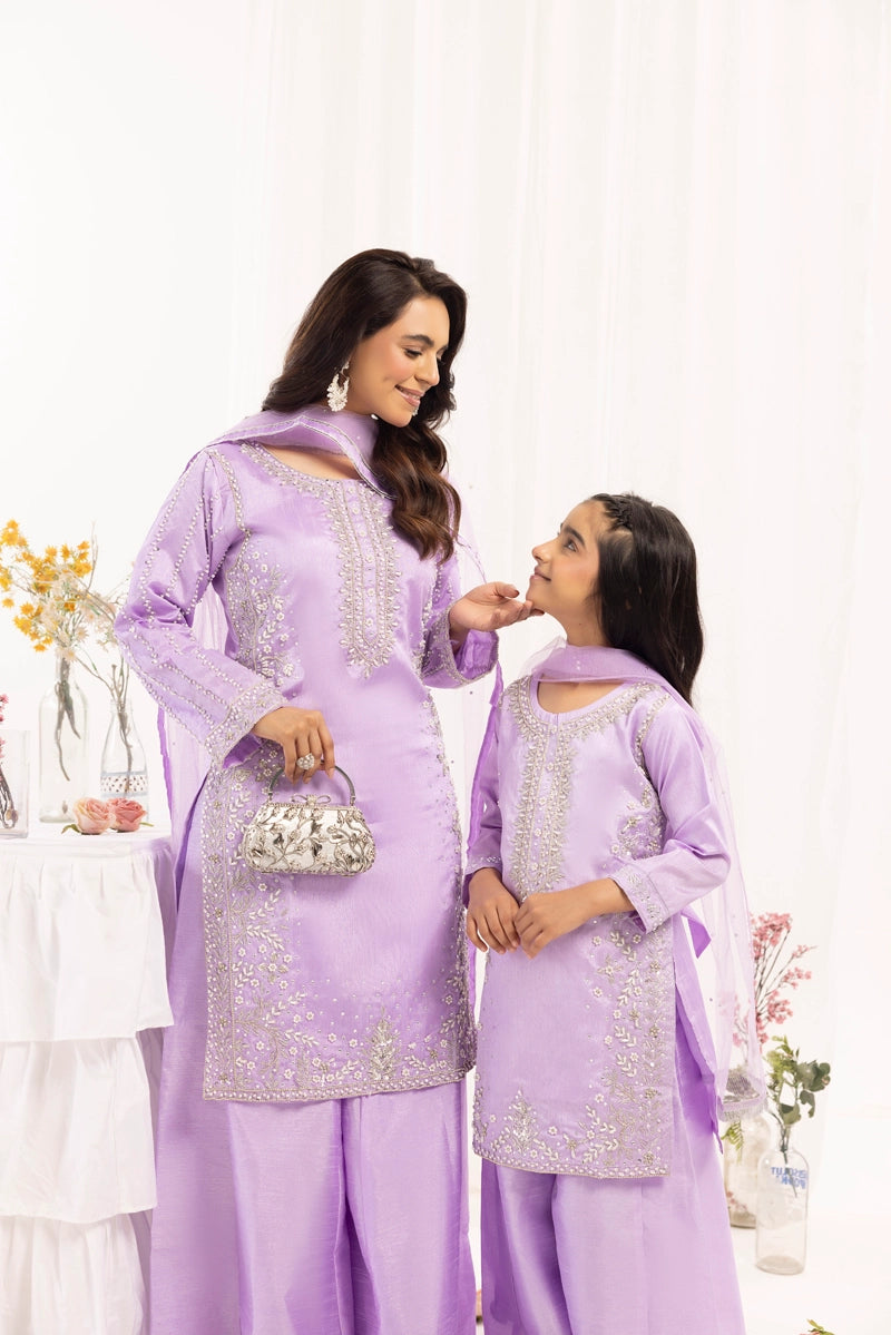 Ivana Mummy & Me Girls Raw Silk 3 Piece Sharara Wedding Outfit Lilac