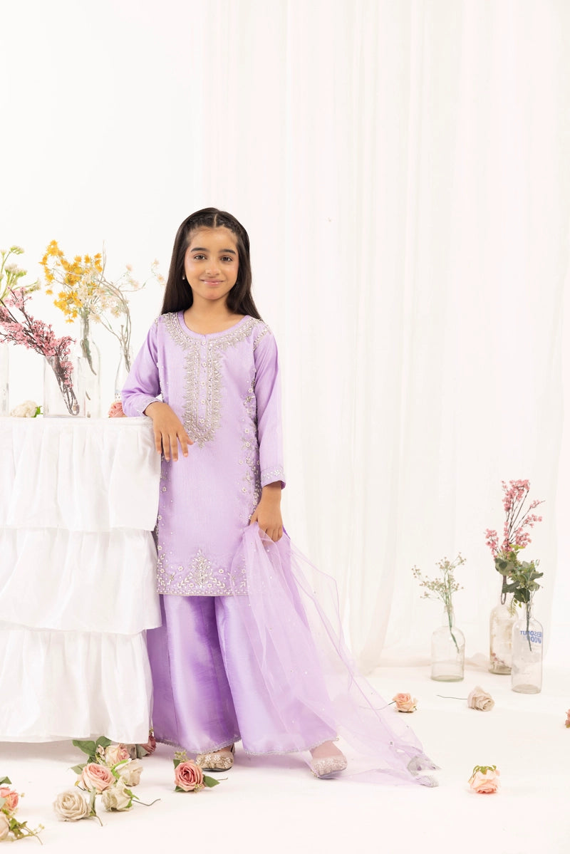 Ivana Mummy & Me Girls Raw Silk 3 Piece Sharara Wedding Outfit Lilac