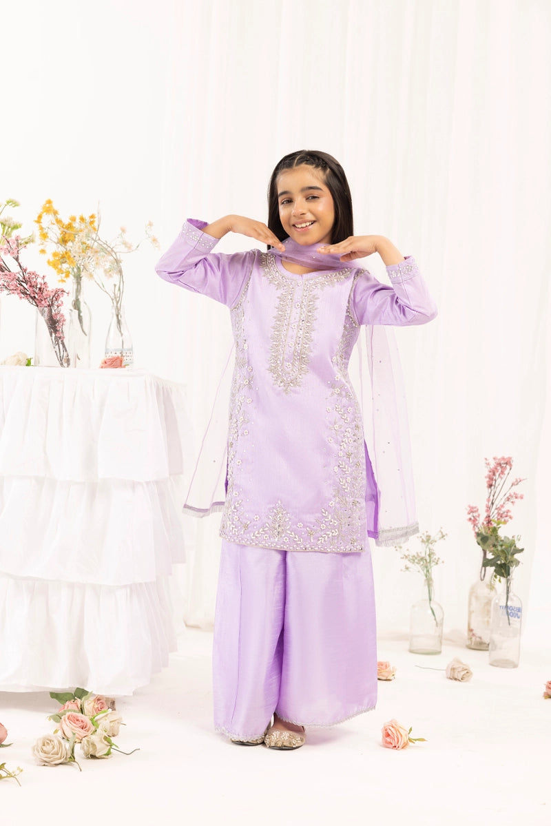 Ivana Mummy & Me Girls Raw Silk 3 Piece Sharara Wedding Outfit Lilac