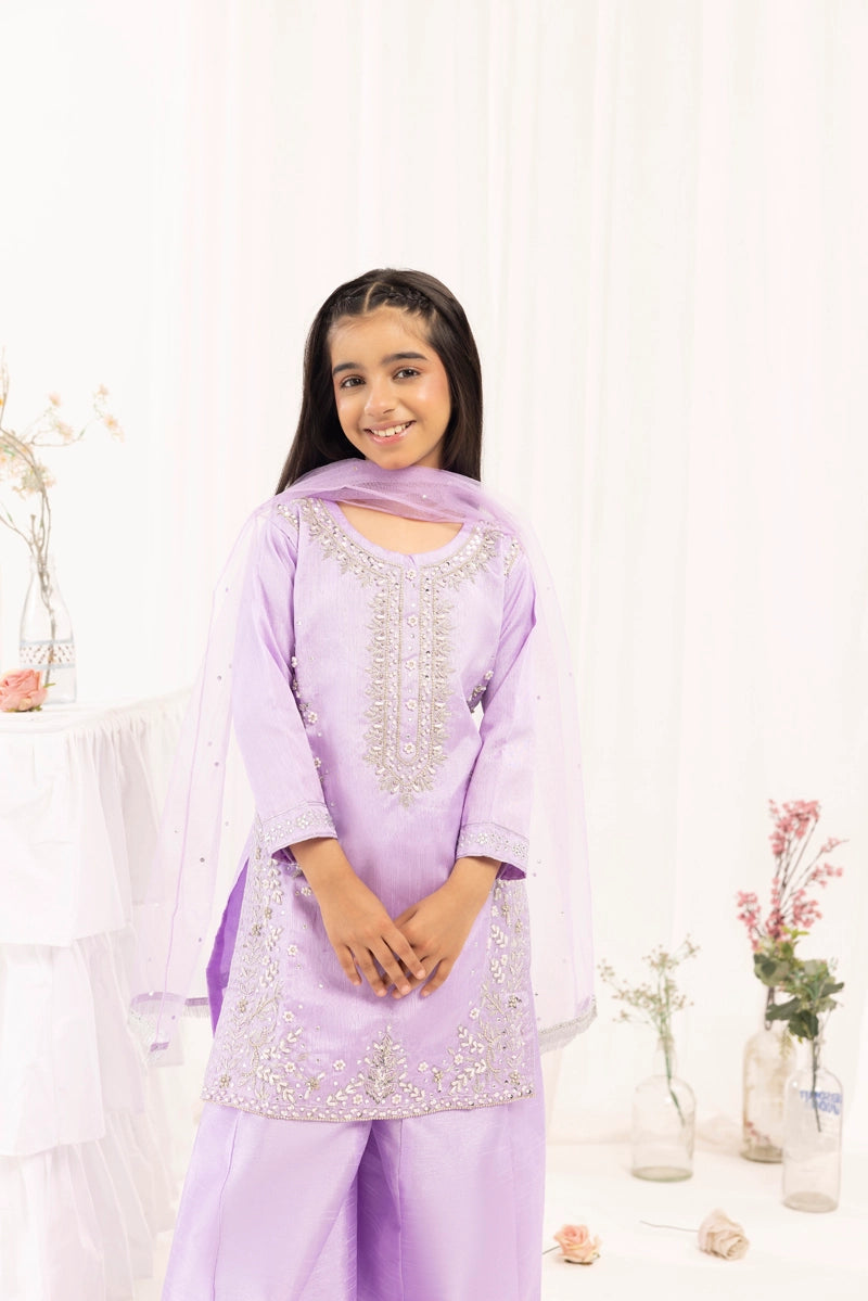 Ivana Mummy & Me Girls Raw Silk 3 Piece Sharara Wedding Outfit Lilac