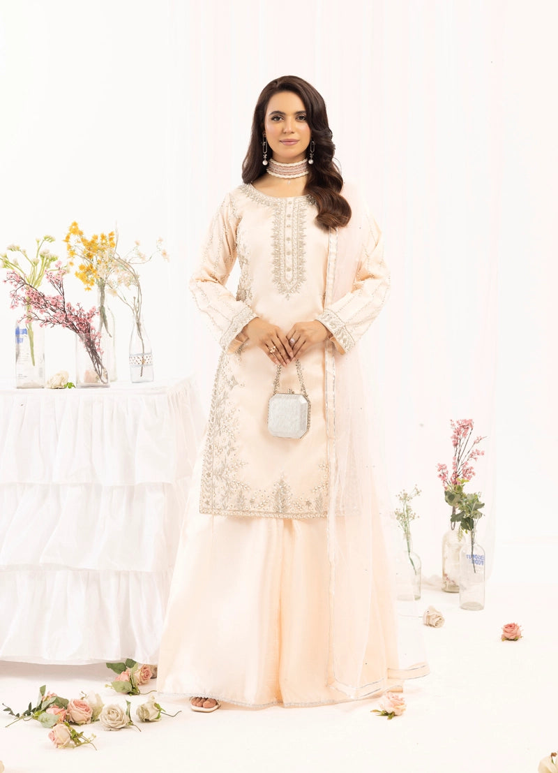 Ivana Mummy & Me Ladies Raw Silk 3 Piece Sharara Wedding Outfit Peach - Desi Posh