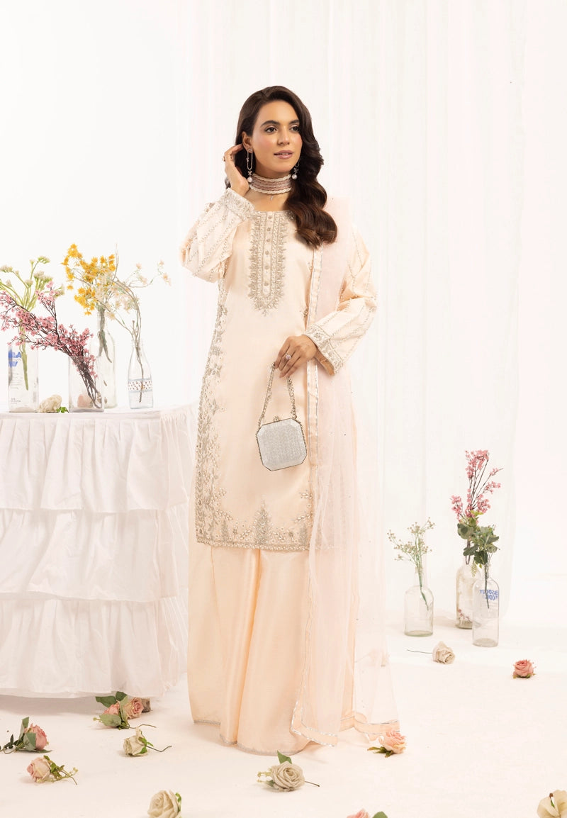 Ivana Mummy & Me Ladies Raw Silk 3 Piece Sharara Wedding Outfit Peach - Desi Posh