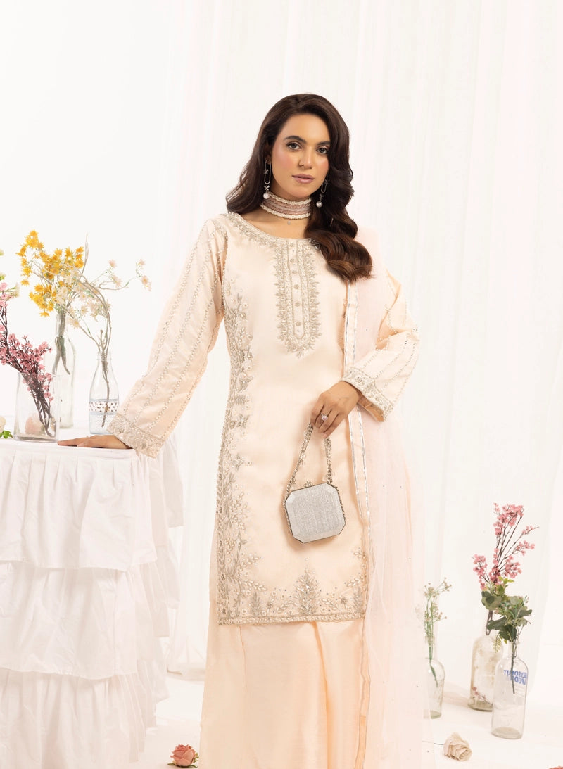 Ivana Mummy & Me Ladies Raw Silk 3 Piece Sharara Wedding Outfit Peach - Desi Posh