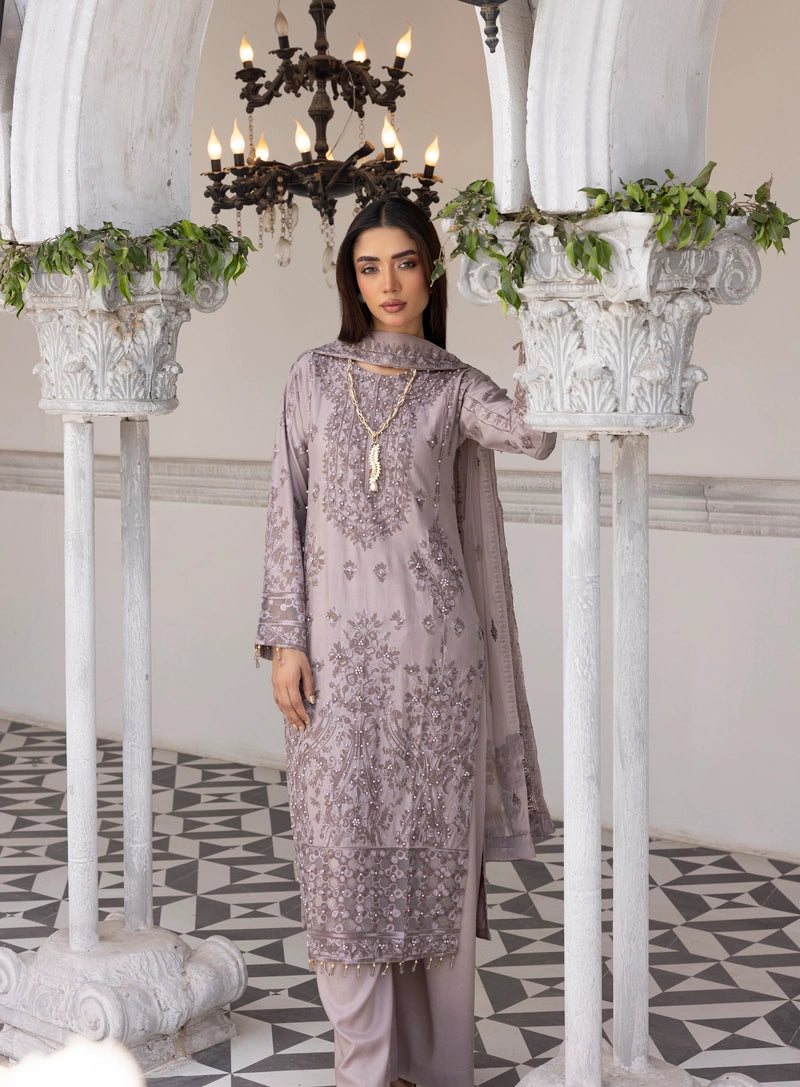 Jalwa Light Lilac Ladies 3 Piece Palazzo Suit With Chiffon Dupatta