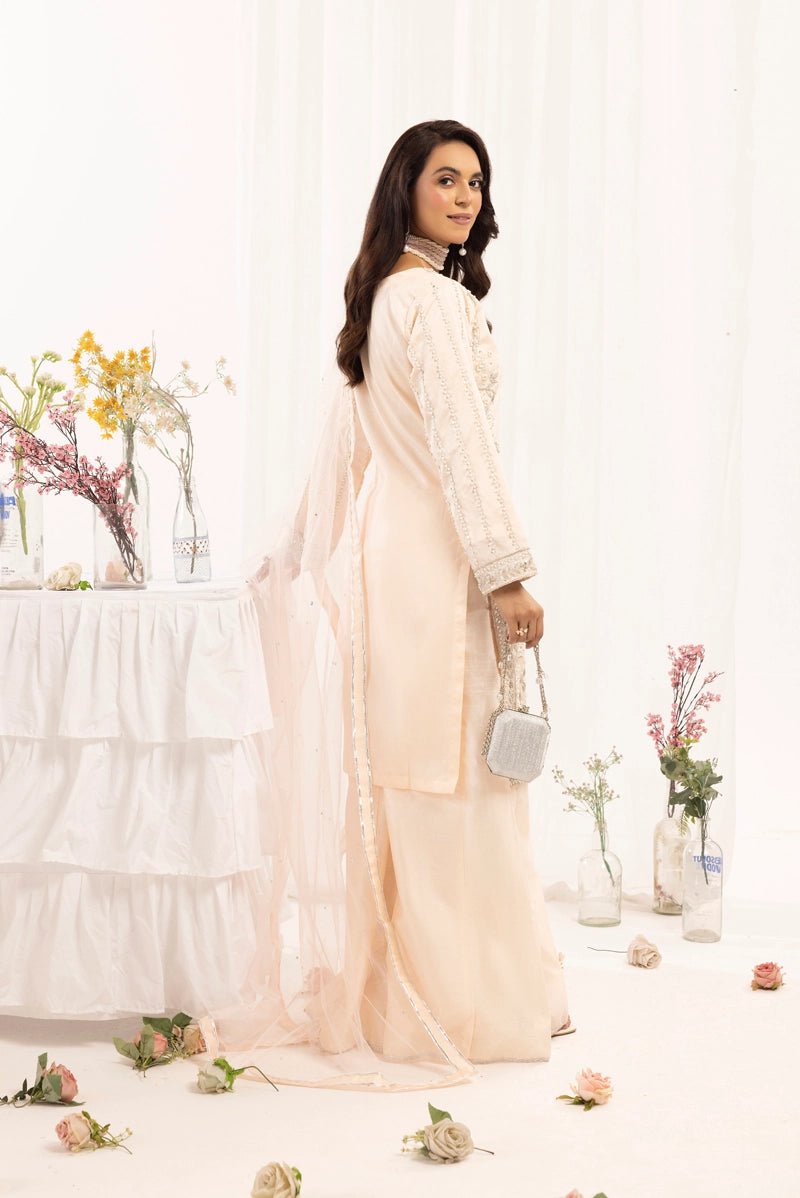 Ivana Mummy & Me Ladies Raw Silk 3 Piece Sharara Wedding Outfit Peach - Desi Posh