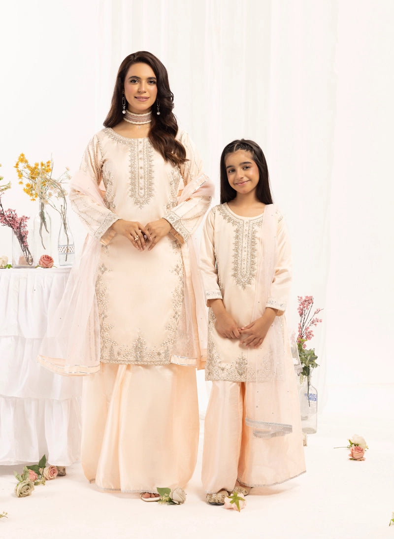 Ivana Mummy & Me Girls Raw Silk 3 Piece Sharara Wedding Outfit Peach