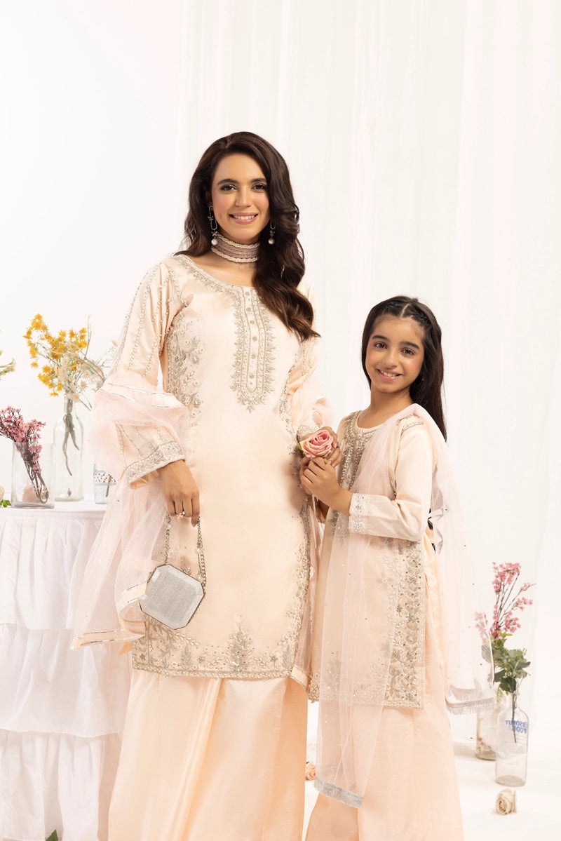 Ivana Mummy & Me Girls Raw Silk 3 Piece Sharara Wedding Outfit Peach