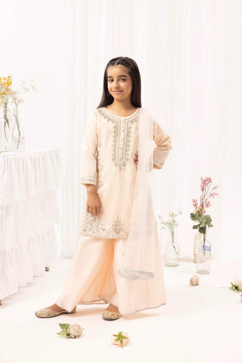 Ivana Mummy & Me Girls Raw Silk 3 Piece Sharara Wedding Outfit Peach
