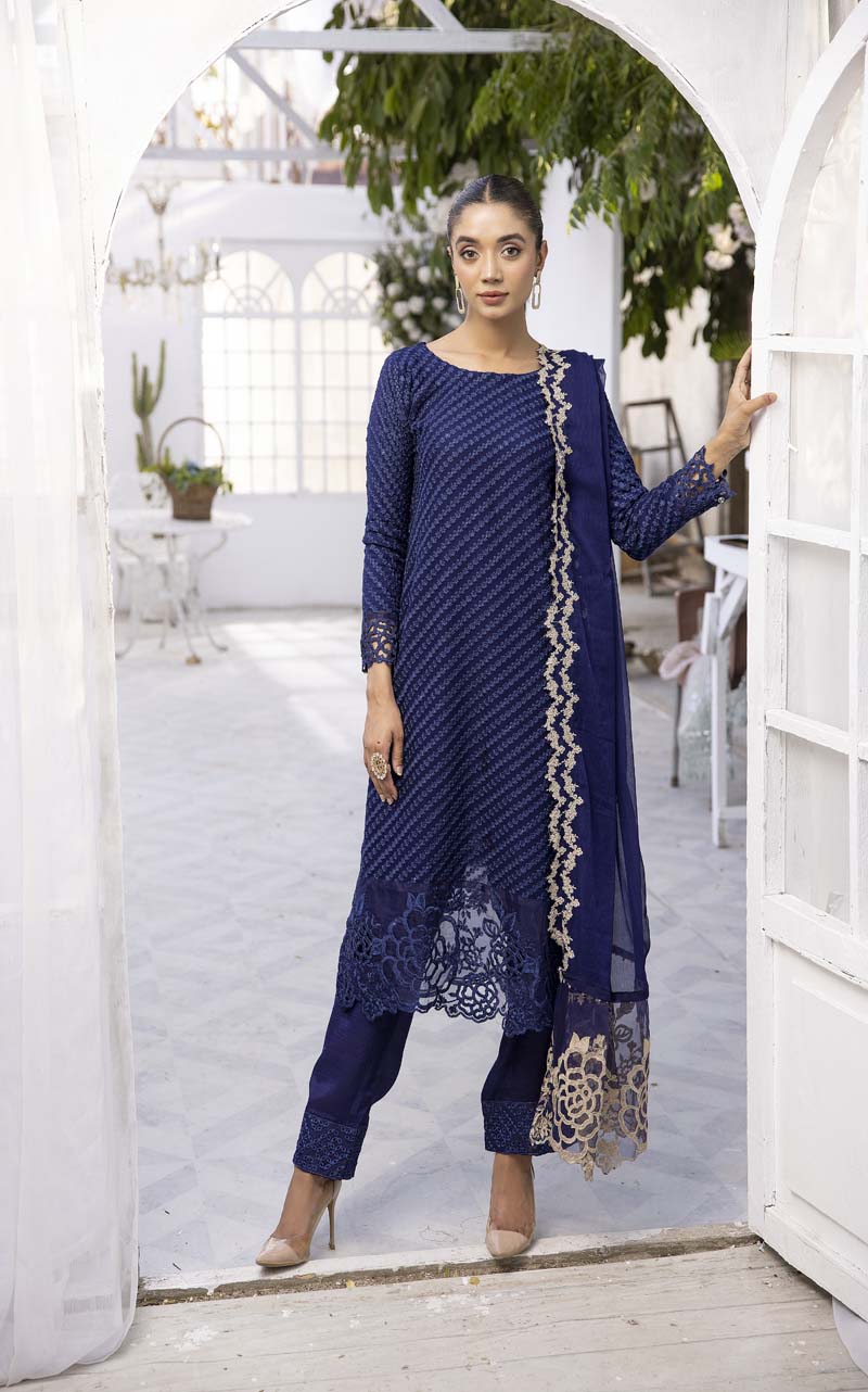 Azure Inspired Embroidered Aqua Serene Blue 3 Piece Wedding Outfit - Desi Posh