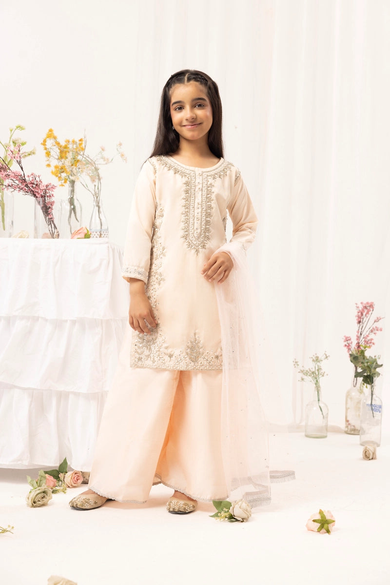 Ivana Mummy & Me Girls Raw Silk 3 Piece Sharara Wedding Outfit Peach