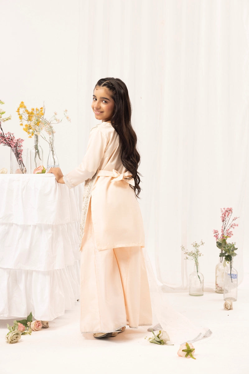 Ivana Mummy & Me Girls Raw Silk 3 Piece Sharara Wedding Outfit Peach