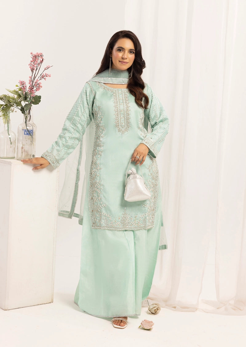 Ivana Premium Ladies Raw Silk 3 Piece Sharara Wedding Outfit Green