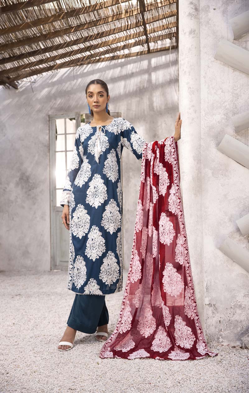 Jannat 3.0 Teal Ladies 3 Piece Suit With Chiffon Dupatta - Desi Posh