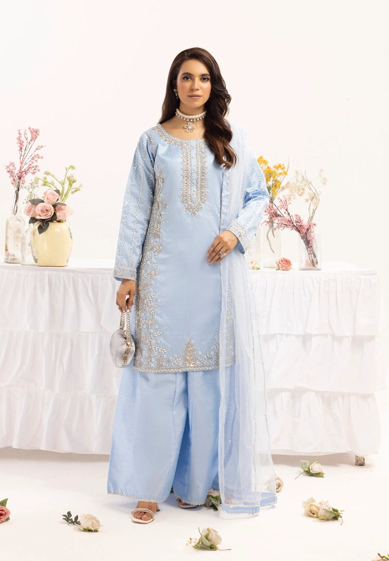 Ivana Mummy & Me Ladies Raw Silk 3 Piece Sharara Wedding Outfit Blue
