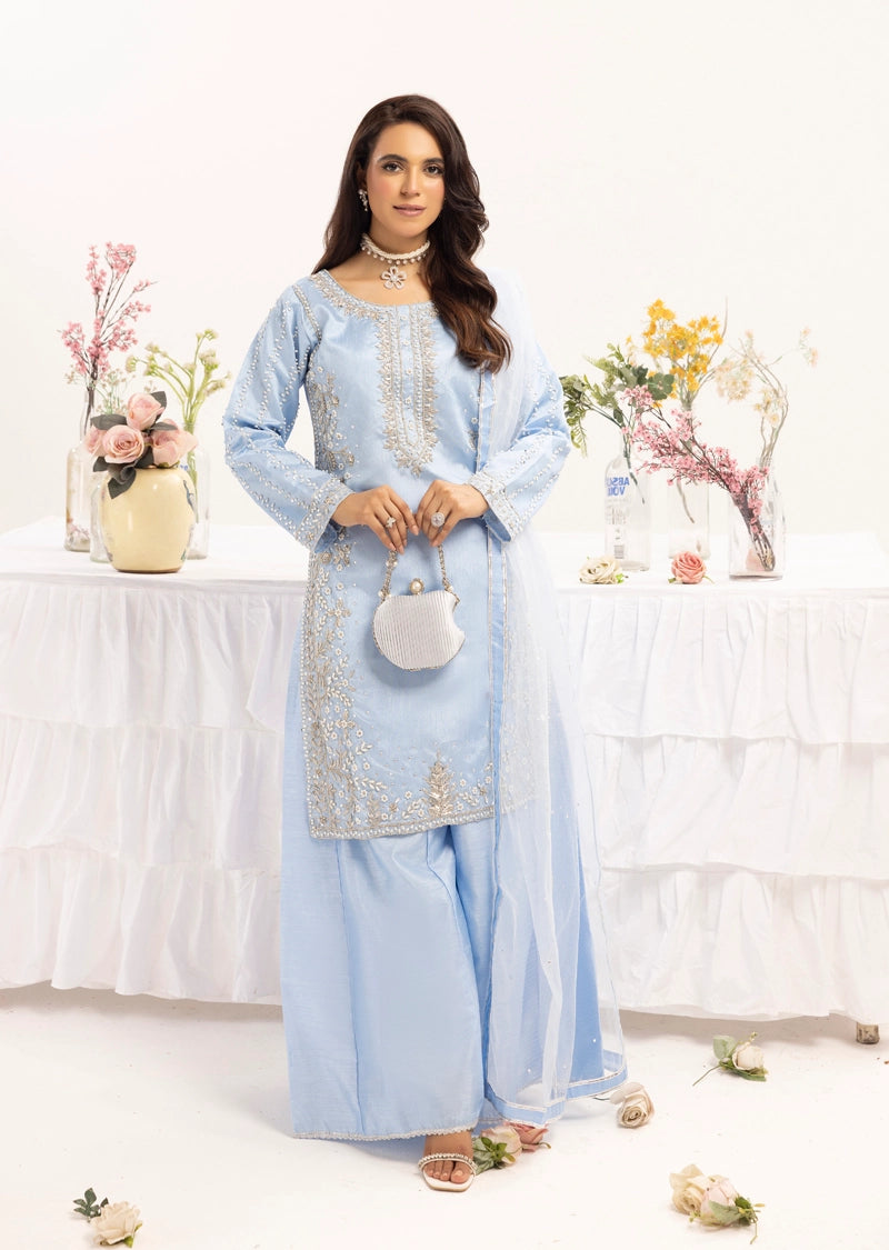 Ivana Mummy & Me Ladies Raw Silk 3 Piece Sharara Wedding Outfit Blue