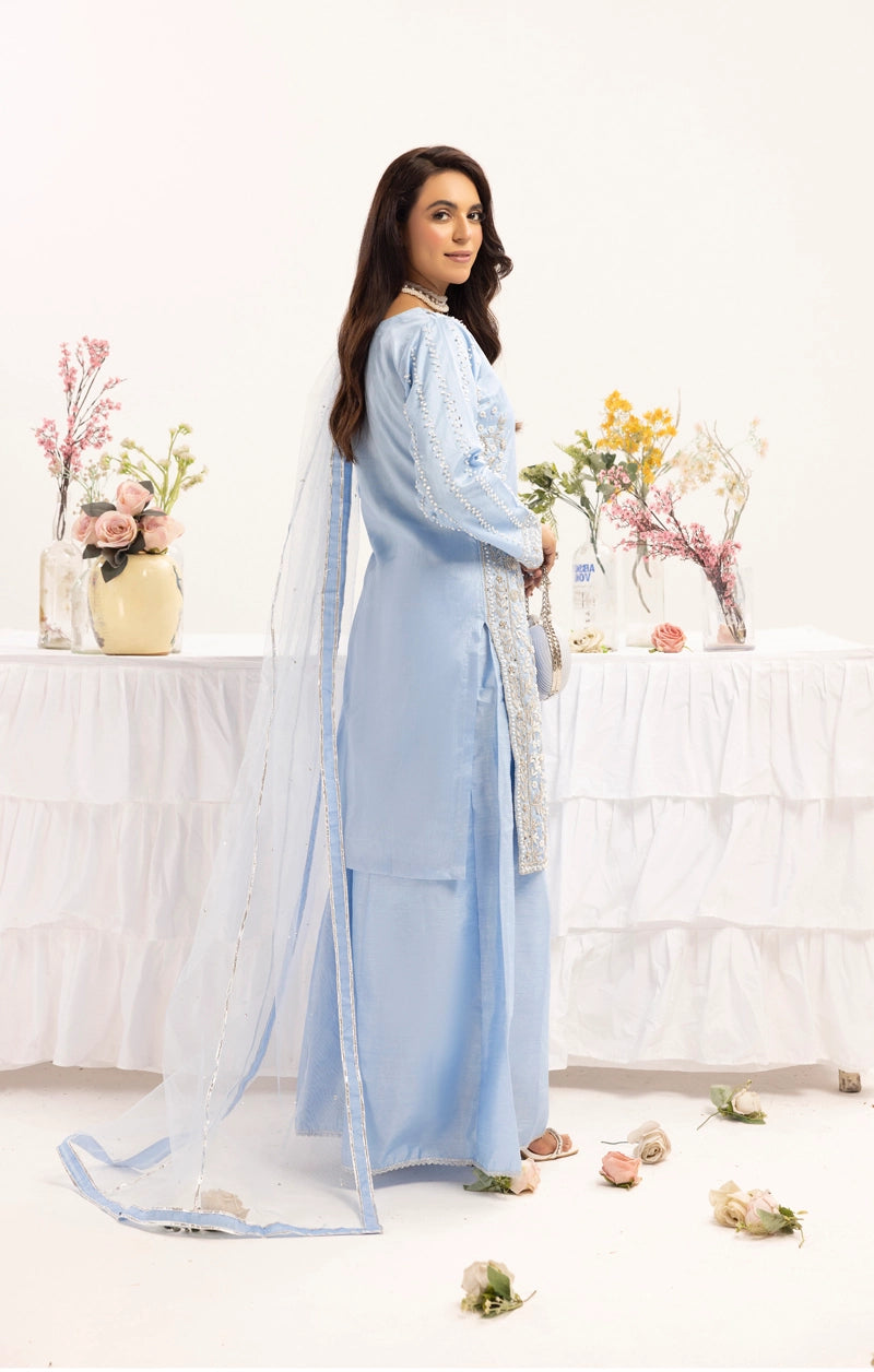 Ivana Mummy & Me Ladies Raw Silk 3 Piece Sharara Wedding Outfit Blue
