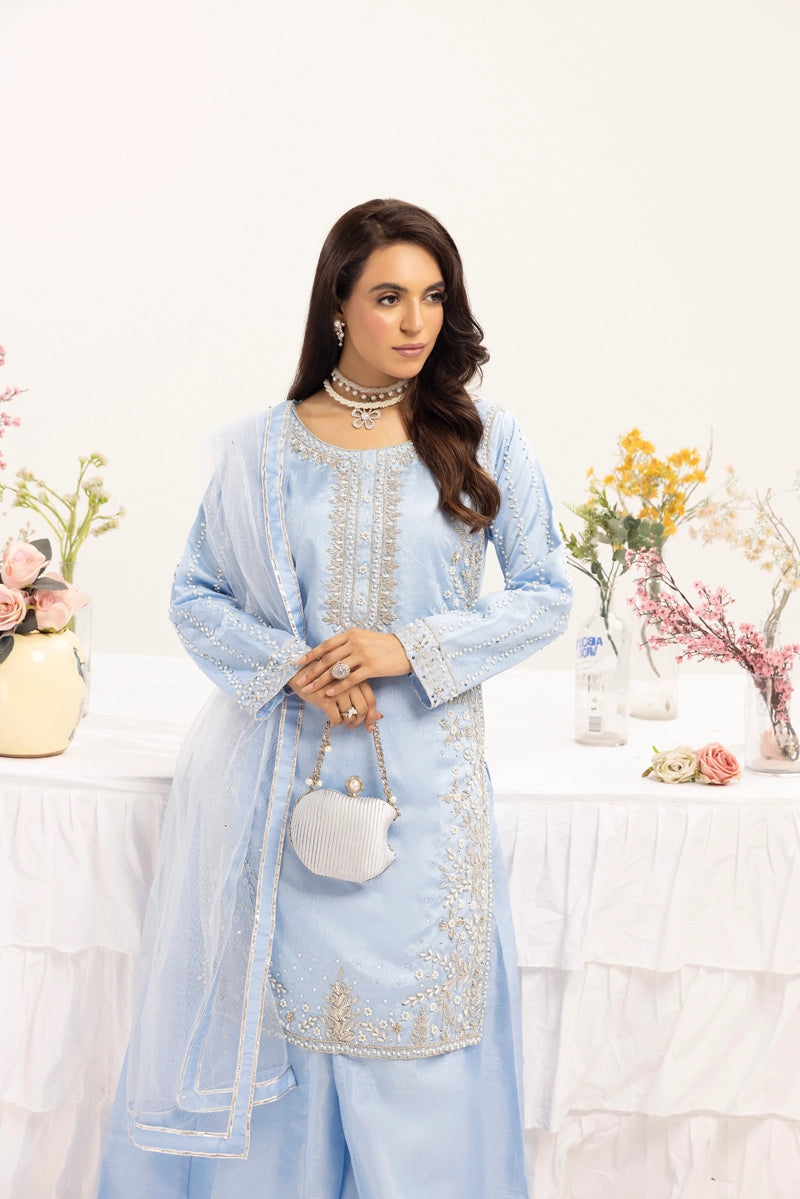 Ivana Mummy & Me Ladies Raw Silk 3 Piece Sharara Wedding Outfit Blue