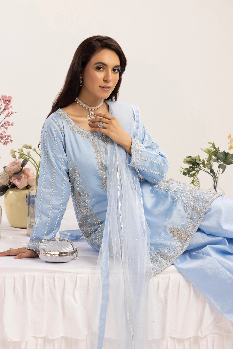 Ivana Mummy & Me Ladies Raw Silk 3 Piece Sharara Wedding Outfit Blue