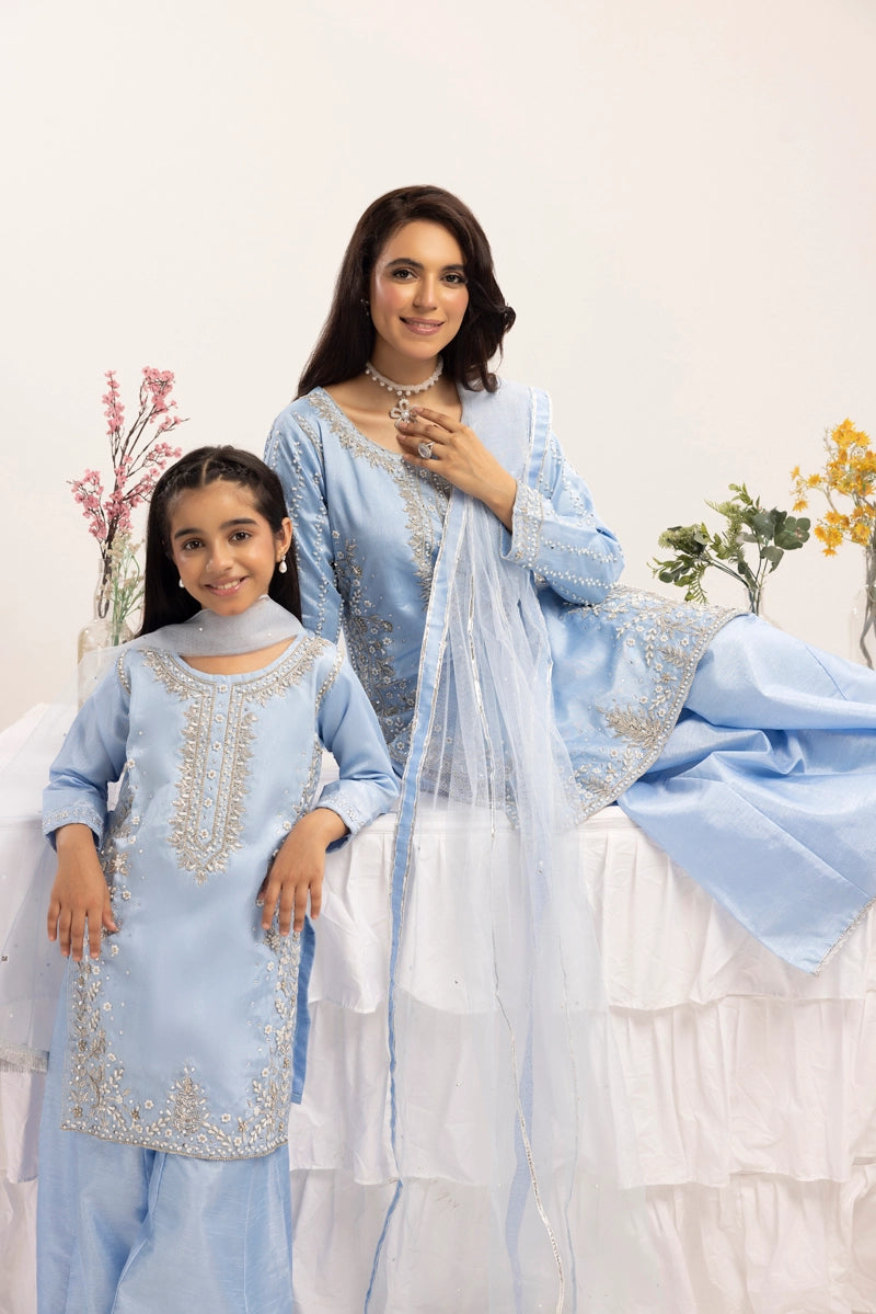 Ivana Mummy & Me Ladies Raw Silk 3 Piece Sharara Wedding Outfit Blue