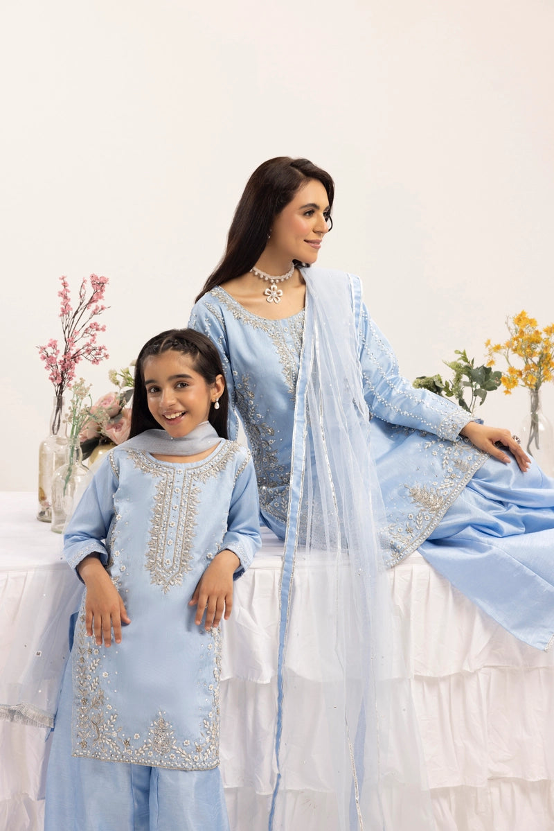 Ivana Mummy & Me Ladies Raw Silk 3 Piece Sharara Wedding Outfit Blue