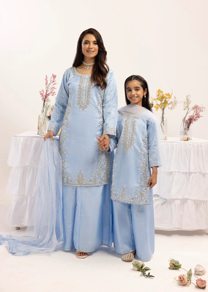 Ivana Mummy & Me Ladies Raw Silk 3 Piece Sharara Wedding Outfit Blue