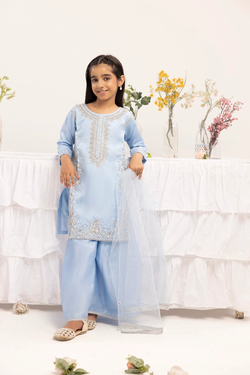 Ivana Mummy & Me Girls Raw Silk 3 Piece Sharara Wedding Outfit Blue - Desi Posh