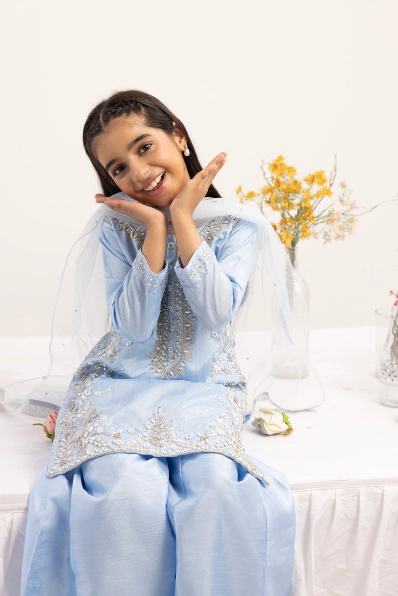 Ivana Mummy & Me Girls Raw Silk 3 Piece Sharara Wedding Outfit Blue - Desi Posh