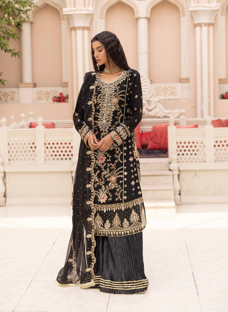 Maria B Inspired Mbroidered Chiffon 3 Piece Wedding Crinkle Sharara Outfit Black