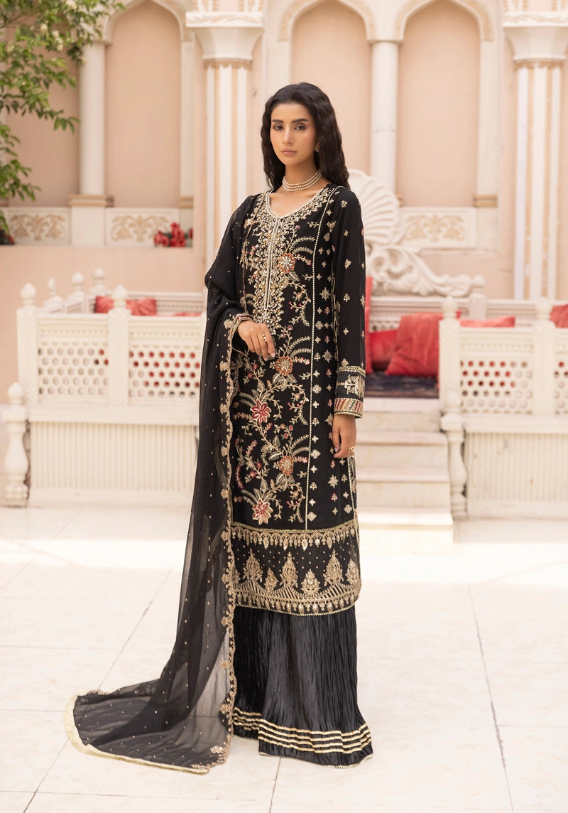Maria B Inspired Mbroidered Chiffon 3 Piece Wedding Crinkle Sharara Outfit Black