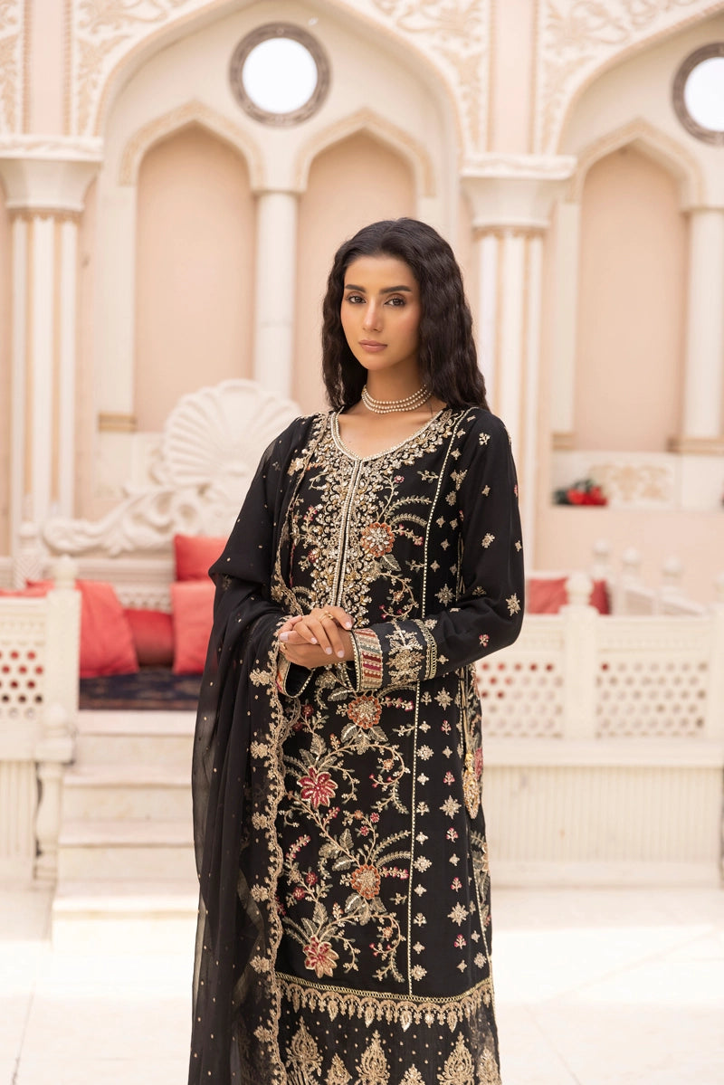 Maria B Inspired Mbroidered Chiffon 3 Piece Wedding Crinkle Sharara Outfit Black