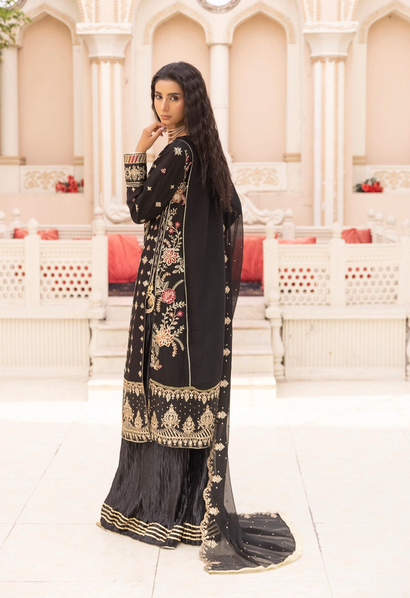 Maria B Inspired Mbroidered Chiffon 3 Piece Wedding Crinkle Sharara Outfit Black