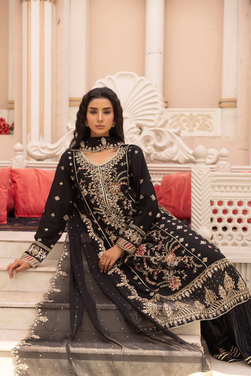 Maria B Inspired Mbroidered Chiffon 3 Piece Wedding Crinkle Sharara Outfit Black