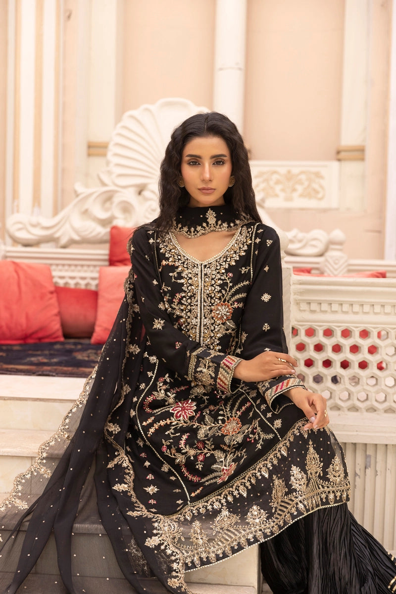 Maria B Inspired Mbroidered Chiffon 3 Piece Wedding Crinkle Sharara Outfit Black