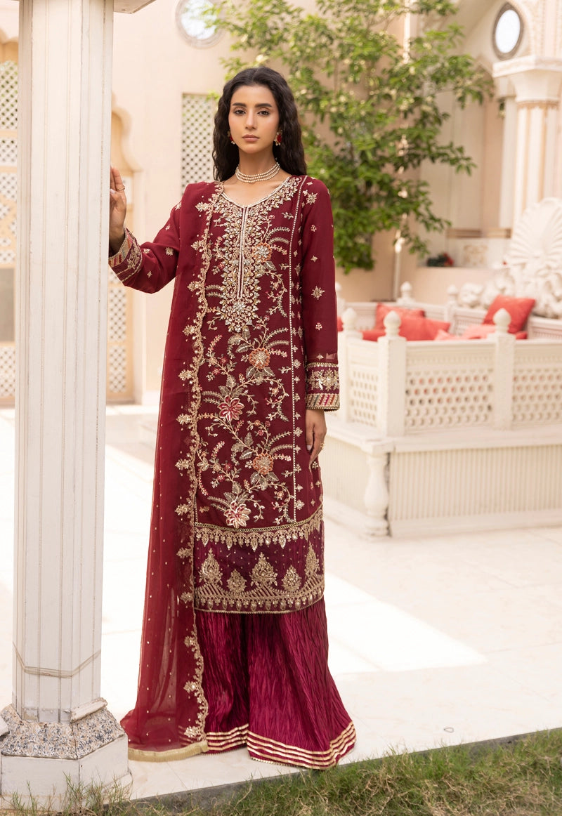 Maria B Inspired Mbroidered Chiffon 3 Piece Wedding Crinkle Sharara Outfit Maroon - Desi Posh
