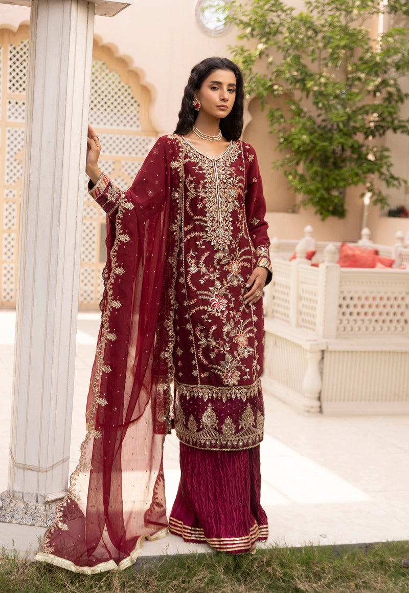 Maria B Inspired Mbroidered Chiffon 3 Piece Wedding Crinkle Sharara Outfit Maroon - Desi Posh