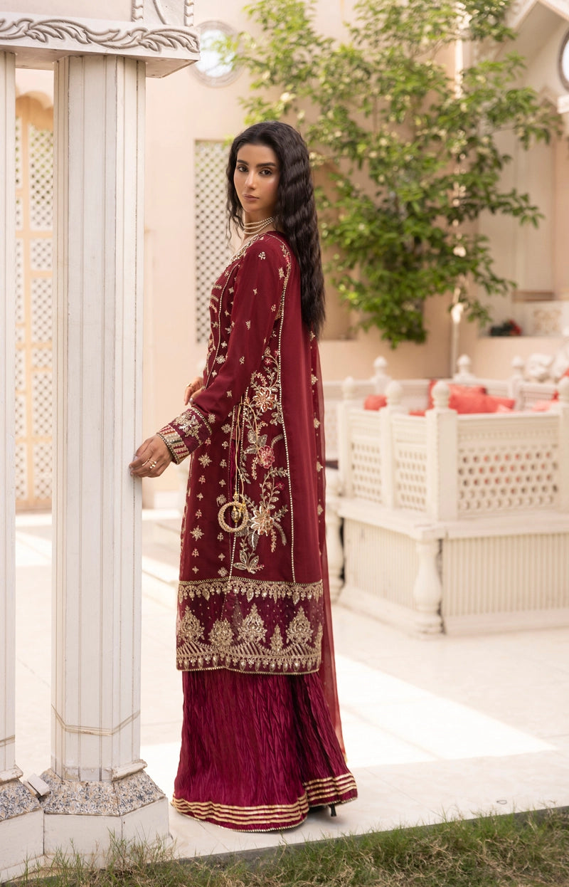 Maria B Inspired Mbroidered Chiffon 3 Piece Wedding Crinkle Sharara Outfit Maroon - Desi Posh