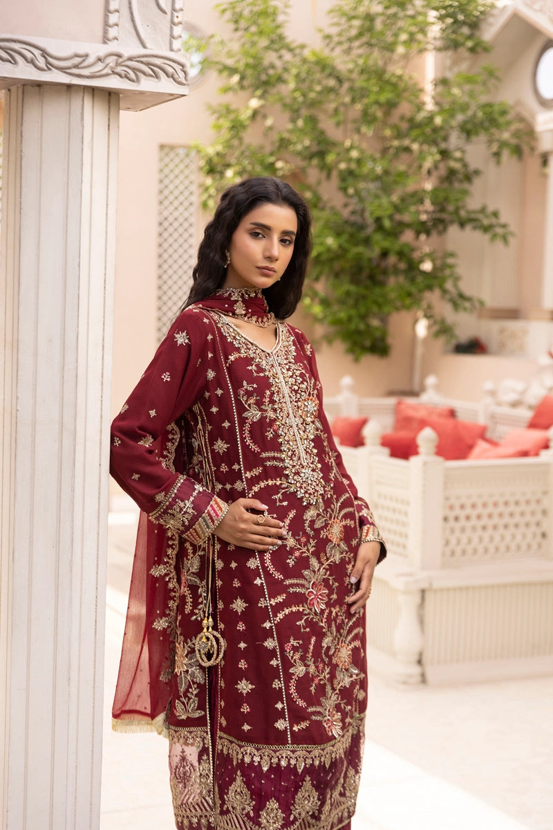 Maria B Inspired Mbroidered Chiffon 3 Piece Wedding Crinkle Sharara Outfit Maroon - Desi Posh