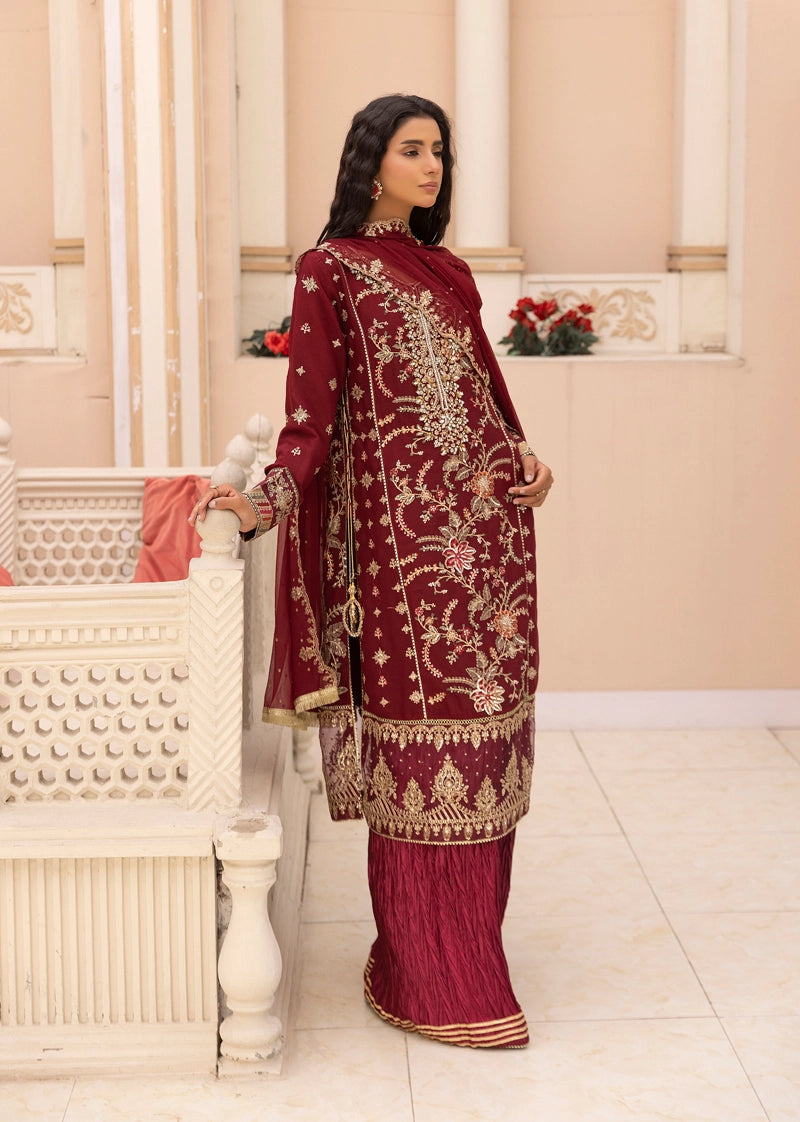 Maria B Inspired Mbroidered Chiffon 3 Piece Wedding Crinkle Sharara Outfit Maroon - Desi Posh